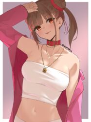  :p arm_up armpits bare_shoulders belt_collar blush breasts brown_hair cleavage collar collarbone crop_top dot_nose double_bun female gradient_background hair_bun hair_ribbon idolmaster idolmaster_shiny_colors jacket jacket_partially_removed jewelry lock long_hair long_sleeves looking_at_viewer medium_breasts midriff navel necklace pink_background pink_jacket red_collar red_eyes red_ribbon ribbon simple_background skeptycally smile solo sonoda_chiyoko stomach strapless tongue tongue_out tube_top twintails twitter_username upper_body white_tube_top 