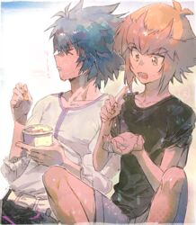  &gt;_&lt; 2boys aoki_(fumomo) belt black_shirt blue_hair brown_eyes brown_hair closed_eyes closed_mouth eating food grey_shorts hair_between_eyes holding johan_andersen male_focus multiple_boys pants popsicle shirt shorts simple_background sitting sleeves_rolled_up spiked_hair sweat upper_body yu-gi-oh! yu-gi-oh!_gx yuki_judai 