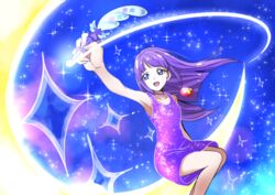  :d armpits blue_eyes collarbone crescent_moon dress female floating_hair henshin holding holding_pen kaguya_madoka long_hair moon on_crescent open_mouth pen pouch precure purple_dress purple_hair short_dress sitting sky sleeveless sleeveless_dress smile solo star_(sky) star_twinkle_precure starry_sky starry_sky_print tsukikage_oyama 