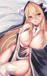  absurdres azur_lane bare_shoulders blonde_hair breast_cutout breasts cleavage fake_horns female habit hair_between_eyes highres horns implacable_(azur_lane) large_breasts long_bangs long_hair looking_at_viewer nun pelvic_curtain red_eyes revealing_clothes see-through solo spekkio36 thighhighs two-tone_dress veil very_long_hair white_horns white_thighhighs 