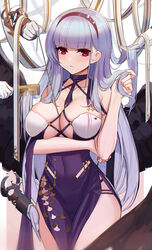  azur_lane bare_shoulders blunt_bangs blush breasts chinese_commentary cleavage collarbone comb commentary_request covered_navel dido_(anxious_bisque_doll)_(azur_lane) dido_(azur_lane) disembodied_hand dress eternity_(shadeh) female grey_hair hairband halter_dress halterneck hands_on_another&#039;s_thigh highres large_breasts long_hair looking_at_viewer multiple_hands official_alternate_costume partial_commentary pelvic_curtain photoshop_(medium) purple_dress purple_hairband red_eyes side_slit 