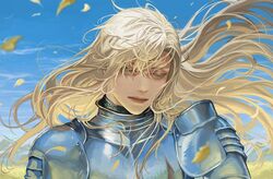  1boy androgynous armor bishounen blackbox_(blackbox9158) blonde_hair blurry blurry_foreground chainmail colored_eyelashes commentary day expressionless hair_between_eyes leaf long_hair looking_away male_focus original sky solo upper_body wind yellow_eyes 