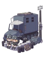  &gt;_&lt; 2girls :&lt; :x axe barrel black_footwear black_jacket black_shorts blonde_hair blue_eyes blush boots chibi closed_mouth commentary company_of_heroes cup full_body generator german_army goggles goggles_on_headwear gun half-track hat helmet holding holding_cup holding_gun holding_weapon jacket knee_boots military military_hat military_jacket military_truck military_uniform military_vehicle motor_vehicle mp40 multiple_girls original radio_antenna sandbag sdkfz_7 shorts sitting submachine_gun transparent_background truck uniform weapon world_war_ii zhainan_s-jun 