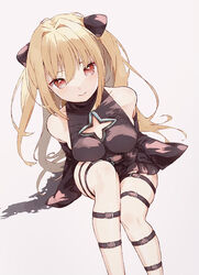  3: bare_shoulders belt black_dress blonde_hair breasts closed_mouth commentary_request cross_cutout detached_sleeves dress feet_out_of_frame female frown grey_background hair_between_eyes highres konjiki_no_yami leaning_forward leg_belt long_hair looking_at_viewer manatsuki_manata medium_breasts red_eyes simple_background sitting skindentation solo thigh_belt thigh_strap to_love-ru two_side_up v-shaped_eyebrows very_long_hair 