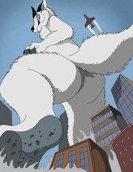  2020 aircraft airplane anthro arctic_fox blue_eyes bottom_view building canid canine day fox fur looking_at_viewer macro male mammal nude plantigrade rampage sky skyscraper smile solo true_fox vegabone vegabone_(character) vehicle white_body white_fur 