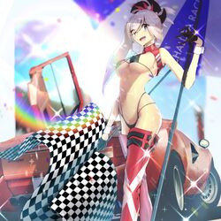  asymmetrical_hair black_gloves blue_eyes boots breasts car checkered_flag earrings eyes_visible_through_hair fate/grand_order fate_(series) fd3 female flag gloves hair_ornament highleg highres holding holding_umbrella jewelry lamborghini lamborghini_countach large_breasts midriff miyamoto_musashi_(fate) motor_vehicle open_mouth pink_hair ponytail race_queen rainbow red_footwear red_thighhighs revision scissor_doors solo sports_car strap_gap sweat thigh_boots thighhighs umbrella underboob 