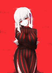  body_markings breasts corruption cowboy_shot crossed_arms dark_persona dark_sakura dress evil_grin evil_smile fate/stay_night fate_(series) female glitch grin hair_ribbon head_tilt heaven&#039;s_feel highres konohana_saku large_breasts long_hair matou_sakura monochrome purple_ribbon red_background red_eyes red_theme ribbon self_hug smile solo striped_clothes striped_dress vertical-striped_clothes vertical-striped_dress white_hair 