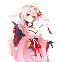  animal_ears artist_name black_gloves blush breasts cleavage crescent crescent_hair_ornament female gloves hair_between_eyes hair_ornament highres indie_virtual_youtuber japanese_clothes kimono large_breasts long_hair looking_at_viewer nonomiya_non outstretched_hand rabbit_ears red_eyes ryuka simple_background smile solo tail virtual_youtuber white_background white_hair wide_sleeves 