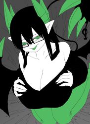  bare_shoulders black-framed_eyewear black_hair black_shirt black_tail black_wings breasts colored_skin colored_tongue demon_girl demon_horns demon_tail demon_wings female glasses green_eyes green_horns green_pants green_tongue grey_background hands_on_own_chest highres horns huge_breasts kneeling limited_palette long_hair looking_at_viewer merii_(mazohaha) musuko_ga_kawaikute_shikatanai_mazoku_no_hahaoya pants shirt tail tongue tongue_out white_skin wings zyugoya 