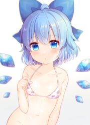  :o ahoge animal_print bare_shoulders bikini blue_bow blue_eyes blue_hair blush bow breasts cirno coa_(chroo_x) collarbone commentary_request cow_print female ice ice_wings looking_at_viewer navel parted_lips print_bikini short_hair simple_background small_breasts solo swimsuit touhou upper_body white_background white_bikini wings 