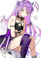  absurdres amane_kanata amane_kanata_(another_world) amane_kanata_(cosplay) arm_tattoo bare_shoulders c1p122 collarbone cosplay demon_girl demon_horns demon_tail demon_wings double_bun ear_piercing earrings female green_eyes hair_bun high-waist_skirt highres hololive horns jewelry long_hair looking_at_viewer multiple_earrings piercing pointy_ears purple_hair simple_background single_thighhigh sitting skirt solo spoken_sweatdrop strapless sweatdrop tail tattoo thighhighs tokoyami_towa tube_top virtual_youtuber white_background wings 