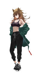  absurdres alternate_costume animal_ears arknights black_choker black_pants black_sports_bra breasts brown_eyes brown_hair casual choker cleavage closed_mouth derivative_work drawstring expressionless female full_body green_jacket hair_between_eyes hands_on_own_hips highres jacket large_breasts lion_ears lion_girl long_hair looking_at_viewer midriff navel off_shoulder pants pat_bharasarn shoes siege_(arknights) sneakers socks solo sports_bra stomach tachi-e track_pants 