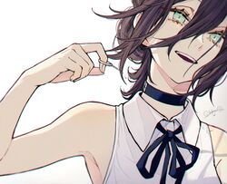  akakura armpits artist_name bare_shoulders black_bow black_choker black_hair bow bowtie chainsaw_man choker collared_shirt female green_eyes hair_between_eyes hair_bun hair_strand hand_up messy_hair open_mouth portrait reze_(chainsaw_man) shirt short_hair sidelocks signature single_hair_bun sleeveless smile solo teeth upper_teeth_only white_background white_shirt 