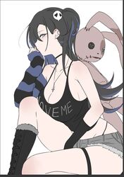  bad_id bad_twitter_id bare_shoulders black_gloves black_hair black_tank_top blue_eyes boots breasts cleavage cross cross_necklace cutoffs ear_piercing earrings elbow_sleeve female gloves grey_shorts hair_between_eyes highleg highleg_panties jessie_nair jewelry large_breasts leg_up long_hair looking_to_the_side mole mole_on_breast mole_under_eye multicolored_hair necklace oh_(aung_ae) original panties piercing short_shorts shorts side_ponytail single_sleeve sitting skindentation sleeves_past_wrists streaked_hair stuffed_animal stuffed_toy tank_top thigh_strap underwear white_background 