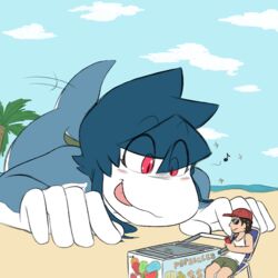  1:1 2022 anthro beach blep blue_body blue_hair duo extreme_size_difference female fish food_stand gille_bernard gum-k hair hi_res human hungry larger_anthro larger_female legless macro male mammal marine palm_tree plant red_eyes seaside serpentine shark size_difference smaller_human smaller_male tongue tongue_out tree white_body 