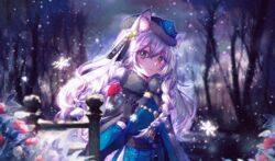  absurdres animal_ears arknights black_cape black_gloves blue_headwear blurry blurry_background blush braid cape closed_mouth female floating_hair flower fur-trimmed_cape fur-trimmed_headwear fur_trim gloves green_eyes hair_between_eyes highres holding holding_flower long_hair moonlgnance night official_alternate_costume outdoors pramanix_(arknights) pramanix_(caster&#039;s_frost)_(arknights) red_flower red_rose rose smile snowflakes snowing solo standing very_long_hair white_hair winter wolf_ears 