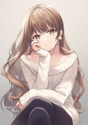  bad_id bad_pixiv_id bare_shoulders black_pantyhose blush brown_eyes brown_hair closed_mouth collarbone commentary commentary_request crossed_legs earrings elbow_rest expressionless feet_out_of_frame female grey_background hand_on_own_cheek hand_on_own_face hand_up head_rest head_tilt jewelry kagachi_saku light_particles long_hair long_sleeves looking_at_viewer off_shoulder original pantyhose partial_commentary sitting sleeves_past_wrists solo straight-on sweater thighs twitter_username very_long_hair wavy_hair white_sweater 