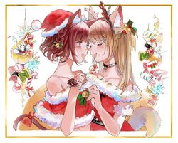  2girls animal_ears antlers bare_shoulders blush border bow cat_ears cat_girl cat_tail christmas christmas_ornaments christmas_present christmas_stocking closed_eyes collarbone commentary dog_ears dog_girl dog_tail dress face-to-face facing_another feeding food from_side gift hat holding holding_food horns kikiyu kmnz looking_at_another mc_lita mc_liz multiple_girls open_mouth profile red_bow reindeer_antlers santa_dress santa_hat smile symbol-only_commentary tail tail_bow tail_ornament virtual_youtuber yellow_border yuri 