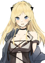  absurdres aratake black_choker black_dress blonde_hair blue_eyes blue_jacket blush breasts choker cleavage clothes_pull collarbone dress earrings female girls&#039;_frontline highres jacket jacket_pull jewelry k5_(girls&#039;_frontline) long_hair looking_at_viewer medium_breasts open_clothes open_jacket open_mouth smile solo upper_body white_background 