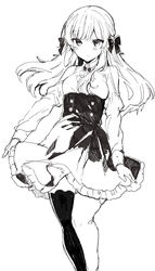  anna_(ikeuchi_tanuma) asymmetrical_legwear blush bow buttons closed_mouth collared_shirt double-breasted feet_out_of_frame female greyscale hairbow high-waist_skirt highres ikeuchi_tanuma long_hair long_sleeves looking_at_viewer mismatched_legwear monochrome no_nose original shirt skirt solo standing thighhighs wing_collar 