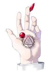  1boy commentary_request crescent fake_text fullmetal_alchemist gem hand_focus hand_tattoo long_sleeves male_focus osenchurii palms philosopher&#039;s_stone red_gemstone simple_background solf_j._kimblee solo tattoo white_background 