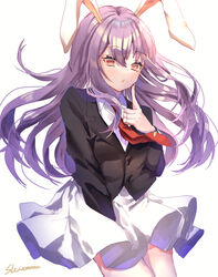  :o animal_ears artist_name between_legs blazer blush breasts buttons carrot_pin collared_shirt commentary eyelashes female finger_to_mouth hand_between_legs highres index_finger_raised jacket light_purple_hair long_hair long_sleeves looking_at_viewer medium_breasts necktie open_mouth rabbit_ears red_necktie reisen_udongein_inaba shiromoru_(yozakura_rety) shirt signature simple_background skirt solo standing suit_jacket symbol-only_commentary touhou upper_body white_background white_shirt white_skirt wing_collar 