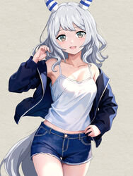  :d bare_shoulders blue_jacket breasts brown_eyes camisole cleavage collarbone cowboy_shot denim denim_shorts ear_covers female grey_background grey_hair highres hishi_miracle_(umamusume) horse_girl horse_tail jacket looking_at_viewer medium_breasts medium_hair midriff open_clothes open_jacket short_shorts shorts simple_background smile solo tail umamusume zenbrush2 