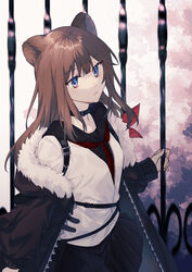  absurdres animal_ears arknights bear_ears bear_girl black_coat black_sailor_collar black_skirt blue_eyes brown_hair buckle closed_mouth coat collar commentary_request cowboy_shot female fence highres idass_(idass16) jacket long_hair long_sleeves looking_at_viewer miniskirt neckerchief open_clothes open_coat pleated_skirt red_neckerchief sailor_collar school_uniform skirt solo unzipped white_jacket zima_(arknights) 