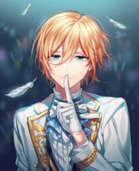  1boy bad_id bad_twitter_id blurry blurry_background bow bowtie commentary_request depth_of_field doomie1 dress_shirt ensemble_stars! feathers finger_to_mouth gloves hair_between_eyes highres index_finger_raised jacket korean_commentary long_sleeves looking_at_viewer male_focus neck_ribbon open_clothes open_jacket ribbon shirt short_hair smile solo tenshouin_eichi upper_body white_feathers white_gloves white_jacket white_ribbon 