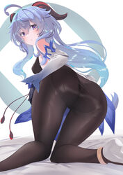  :o ahoge anklet ass ass_focus bad_id bad_pixiv_id bare_shoulders bed_sheet black_gloves black_leotard black_pantyhose blue_hair blush bodystocking breasts commentary_request detached_sleeves female from_behind ganyu_(genshin_impact) genshin_impact gloves gradient_hair hair_between_eyes highres horns jewelry kneeling leaning_forward leotard leotard_under_clothes long_hair long_sleeves looking_at_viewer looking_back medium_breasts multicolored_hair noto_kurumi pantyhose parted_lips partial_commentary purple_eyes purple_hair shoes solo tassel two-tone_background very_long_hair white_footwear 