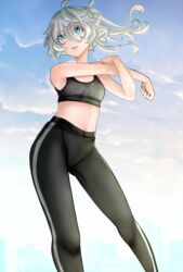  aged_up ahoge alternate_hair_color blue_eyes blue_sky breasts cloud cloudy_sky female green_pants green_sports_bra hal_(goshujinomocha) highres long_hair navel open_mouth outdoors pants ponytail sky small_breasts solo sports_bra stomach stretching tanya_degurechaff wavy_hair yoga_pants youjo_senki 