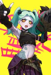  absurdres arcane:_league_of_legends arcane_jinx arm_tattoo belt black_gloves blue_hair breasts colored_sclera cosplay cowboy_shot cyberpunk_(series) cyberpunk_edgerunners english_commentary female fingerless_gloves gloves green_eyes highres jinx_(league_of_legends) jinx_(league_of_legends)_(cosplay) league_of_legends looking_at_viewer midriff multicolored_eyes navel open_mouth pale_skin pants rebecca_(cyberpunk) red_eyes red_sclera rocket_launcher simple_background small_breasts solo standing stomach stomach_tattoo striped_clothes striped_pants tank_top tattoo teeth twintails unusualpie v-shaped_eyebrows weapon yellow_background 