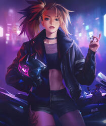  absurdres akali blonde_hair blue_eyes choker commentary crop_top english_commentary eyebrow_cut eyeshadow female helmet highres holding holding_key jacket k/da_(league_of_legends) key league_of_legends leesuyeon leg_tattoo lips looking_at_viewer makeup motor_vehicle motorcycle motorcycle_helmet multicolored_hair open_clothes open_jacket parted_lips shorts solo tattoo the_baddest_akali two-tone_hair unworn_headwear unworn_helmet 