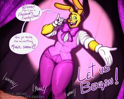  2021 animatronic anthro bow_tie buckteeth clothed clothing dialogue english_text five_nights_at_freddy&#039;s five_nights_at_freddy&#039;s_4 freckles fur girly gloves green_eyes handwear head_tuft hi_res holding_object lagomorph leporid littlegeecko long_ears looking_at_viewer machine male mammal microphone offscreen_character rabbit robot solo spring_bonnie_(fnaf) talking_to_viewer teeth text thick_thighs tuft video_games watermark whiskers yellow_body yellow_fur 