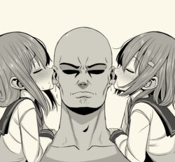  1boy 2girls bad_id bad_pixiv_id bald blush closed_eyes closed_mouth greyscale hair_between_eyes hair_ornament hairclip highres ikazuchi_(kancolle) inazuma_(kancolle) kantai_collection licking licking_ear long_sleeves mamerakkkkko monochrome multiple_girls open_mouth saliva school_uniform serafuku sidelocks simple_background straight tongue 