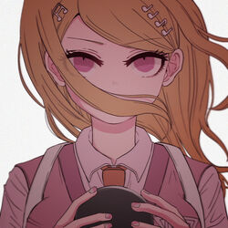  ahoge akamatsu_kaede bad_id bad_twitter_id blonde_hair breasts collared_shirt commentary_request danganronpa_(series) danganronpa_v3:_killing_harmony female hair_ornament hair_over_mouth hands_up highres holding large_breasts long_hair long_sleeves looking_at_viewer musical_note musical_note_hair_ornament necktie nerine_fujikawa orange_necktie pink_vest portrait serious shirt simple_background solo vest white_background white_shirt 