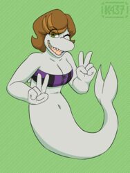  2021 3:4 anthro bottlenose_dolphin breasts brown_hair cetacean cleavage clothed clothing dolphin dolphin_tail double_v_sign eye_through_hair female gesture green_eyes gum-k hair hand_gesture hi_res jabonne_lidia legless mammal marine navel oceanic_dolphin one_eye_closed serpentine sharp_teeth solo tail teeth toothed_whale translucent translucent_hair v_sign wink zipper 