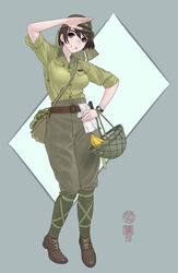  banana belt boots brown_hair female food fruit grin hat helmet highres imperial_japanese_army looking_at_viewer military military_uniform original puttee short_hair sino_(mechanized_gallery) sleeves_rolled_up smile soldier solo uniform world_war_ii 