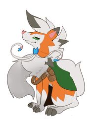  3:4 absurd_res ambiguous_gender belt canid canine cape claws clothing digitigrade dusk_lycanroc feral fluffy generation_7_pokemon green_eyes hi_res looking_at_viewer lycanroc mammal mendobear nintendo pink_nose pokemon pokemon_(species) simple_background smug solo utility_belt 