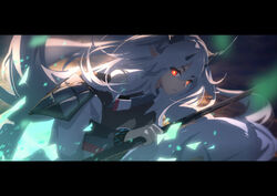  arknights armor black_shirt chinese_commentary eyebrows_visible_through_hair female hair_between_eyes highres holding holding_weapon horns japanese_armor kagura_tohru letterboxed light_particles long_hair looking_at_viewer matoimaru_(arknights) oni_horns orange_eyes pointy_ears shirt shoulder_armor silver_hair solo upper_body weapon white_robe 