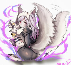  animal_ears animal_hands aura closed_mouth dark_aura eating female fire_emblem fire_emblem_awakening fire_emblem_heroes food fur_trim gloves grima_(fire_emblem) halloween_costume highres holding holding_spoon inaba_(usanopo) long_sleeves paw_gloves paw_shoes pudding red_eyes robin_(female)_(fire_emblem) robin_(female)_(halloween)_(fire_emblem) robin_(fire_emblem) shorts solo spoon squatting tail thigh_strap twintails white_hair wolf_ears wolf_tail 