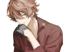  1boy bad_id bad_twitter_id bishounen black_gloves collared_shirt earrings genshin_impact gloves hand_up jewelry looking_at_viewer male_focus orange_hair red_shirt removing_glove shirt short_hair simple_background smile solo tartaglia_(genshin_impact) ueauwa white_background 