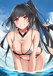  absurdres aratake architect_(girls&#039;_frontline) architect_(nvw_model)_(girls&#039;_frontline) bare_shoulders bikini black_bikini black_hair blue_sky blush breasts cleavage collarbone female girls&#039;_frontline grin hair_ornament hair_scrunchie highres leaning_forward long_hair looking_at_viewer medium_breasts navel ocean official_alternate_costume on_water open_mouth outdoors parted_lips purple_eyes sangvis_ferri scrunchie side_ponytail sky smile solo standing swimsuit two-tone_bikini water 