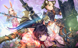  3girls adashi_makoto animal_ear_fluff animal_ears apron armor axe battle_axe bell black_hair bodysuit bracelet breastplate brown_dress brown_hair cat_ears chains dog_ears dress elin expressionless fighting_stance fingerless_gloves forehead gloves green_eyes grey_hair hair_intakes highres huge_weapon jewelry jingle_bell lance lancer_(tera_online) long_hair multiple_girls ninja_(tera_online) outstretched_arms pink_bodysuit pink_eyes pink_gloves pink_shirt polearm ponytail priest_(tera_online) rabbit_ears red_eyes shield shirt short_hair short_shorts short_twintails shorts shuriken staff tera_online twintails waist_apron weapon white_apron 