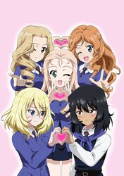  5girls :d ;d andou_(girls_und_panzer) bc_freedom_school_uniform belt black_dress black_hair blonde_hair blue_cardigan blue_eyes blue_necktie brown_eyes cardigan commentary_request dark-skinned_female dark_skin dress dress_shirt drill_hair frown girls_und_panzer green_eyes hair_between_eyes heart heart_hands highres isabe_(girls_und_panzer) long_hair long_sleeves looking_at_another looking_at_viewer marie_(girls_und_panzer) medium_hair messy_hair multiple_girls nao_(nao_puku777) necktie one_eye_closed orange_hair oshida_(girls_und_panzer) partial_commentary pinafore_dress pink_background red_necktie school_uniform shirt short_dress simple_background sleeveless sleeveless_dress smile sofue_(girls_und_panzer) sweater_around_neck wavy_hair white_shirt wing_collar yuri 