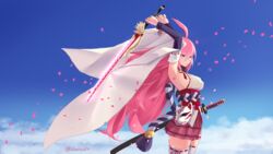  absurdres animal_ears armpits arms_up blue_sky breasts closed_mouth cloud cloudy_sky danraz0r female fox_ears fox_mask half-closed_eyes highres holding holding_sword holding_weapon honkai_(series) honkai_impact_3rd japanese_clothes katana long_hair mask miko petals pink_hair pink_skirt purple_eyes sideboob skirt sky solo sword thighhighs weapon white_sleeves white_thighhighs yae_sakura yae_sakura_(gyakushinn_miko) 