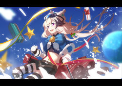  :d arknights bell belt black_hair black_legwear black_skirt blonde_hair blue_bow blue_capelet blurry bow box capelet cardigan_(arknights) commentary cowboy_shot crop_top depth_of_field female gift gift_box goggles goggles_on_head hat highres holding kagura_tohru letterboxed long_hair midriff miniskirt mistletoe multicolored_hair navel open_mouth pillow_hat purple_eyes ribbon ski_goggles ski_pole skiing skirt smile snow solo star_(symbol) streaked_hair striped striped_bow striped_legwear symbol_commentary thighhighs twintails two-tone_hair waist_cape white_headwear white_legwear zettai_ryouiki 