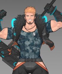  1boy abs bara beard belt biceps blonde_hair blue_eyes brown_hair camouflage camouflage_shirt facial_hair flexing gauntlets gun hunterkay jacket jewelry looking_at_viewer male_focus manly mature_male multicolored_hair muscular muscular_male necklace obliques open_clothes open_jacket original pants pectoral_cleavage pectorals pose shirt smirk solo spiked_hair t-shirt teeth thick_arms tight_clothes tube undercut weapon weapon_on_back 