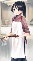  alternate_costume apron black_eyes black_hair blue_skirt casual commentary cup drinking_glass feet_out_of_frame female food hair_ribbon highres holding holding_cup holding_food holding_plate housewife houshou_(kancolle) kantai_collection kazu_(really_in_hot_water_now) long_skirt looking_at_viewer pink_sweater plate ponytail ribbon skirt smile solo sweater swept_bangs turtleneck turtleneck_sweater white_apron 