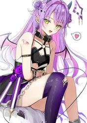  :d absurdres amane_kanata amane_kanata_(another_world) amane_kanata_(cosplay) arm_tattoo bare_shoulders c1p122 collarbone cosplay demon_girl demon_horns demon_tail demon_wings double_bun ear_piercing earrings female green_eyes hair_bun heart high-waist_skirt highres hololive horns jewelry long_hair looking_at_viewer multiple_earrings open_mouth piercing pointy_ears purple_hair simple_background single_thighhigh sitting skirt smile solo spoken_heart strapless tail tattoo thighhighs tokoyami_towa tube_top virtual_youtuber white_background wings 